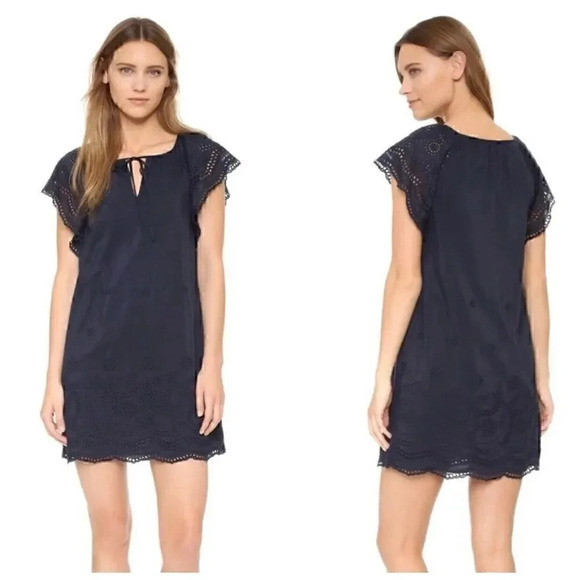 Madewell Silk Medium Mini Eyelet Dress Navy Blue Embroidered Moontide Flutter Si - Picture 8 of 8